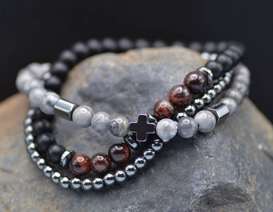 Cross 3 Strand Wine Tiger Eye - Eden Merry Bracelet