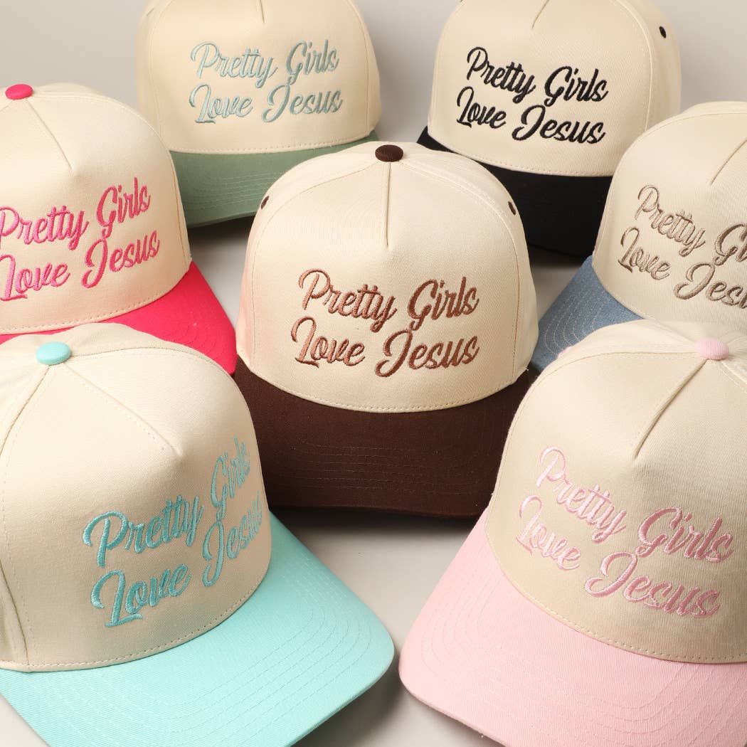 Pretty Girls Love Jesus Embroidery Trucker Hat: LT PINK / ONE SIZE