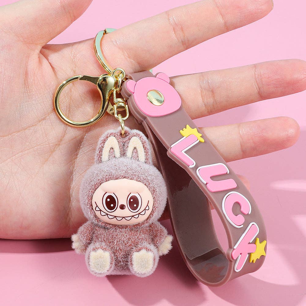 Labubu flocking keychain labubu pendant school gift: Sitting posture-4