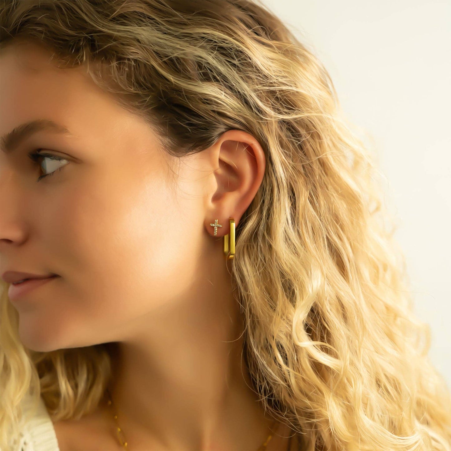 18K Gold PVD Stainless Steel Stone Cross Earrings: Gold