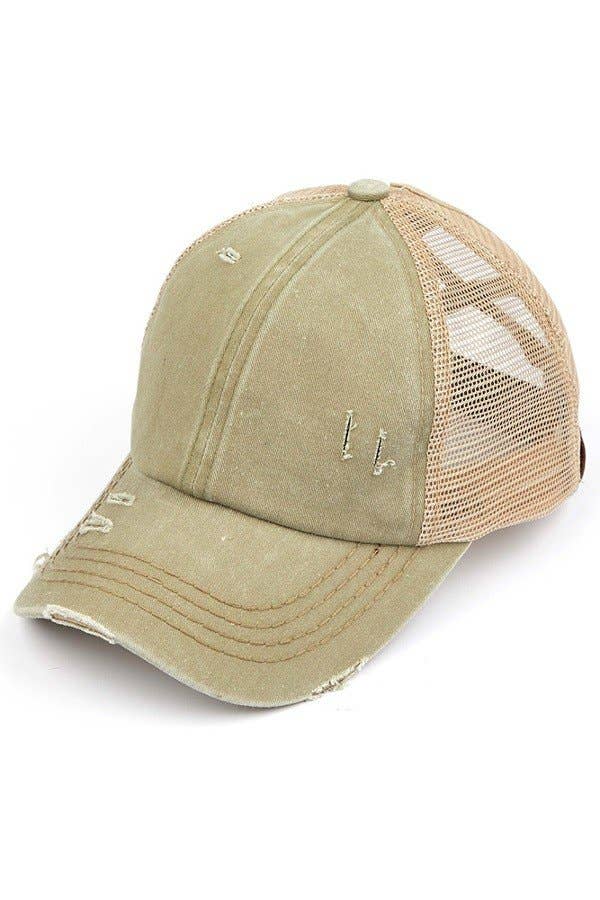 C.C Washed Denim with Crossed Elastic Band Mesh Pony Cap: Khaki