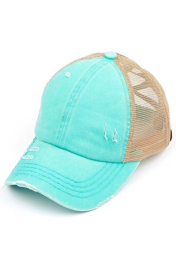 C.C Washed Denim with Crossed Elastic Band Mesh Pony Cap: Blue Moon