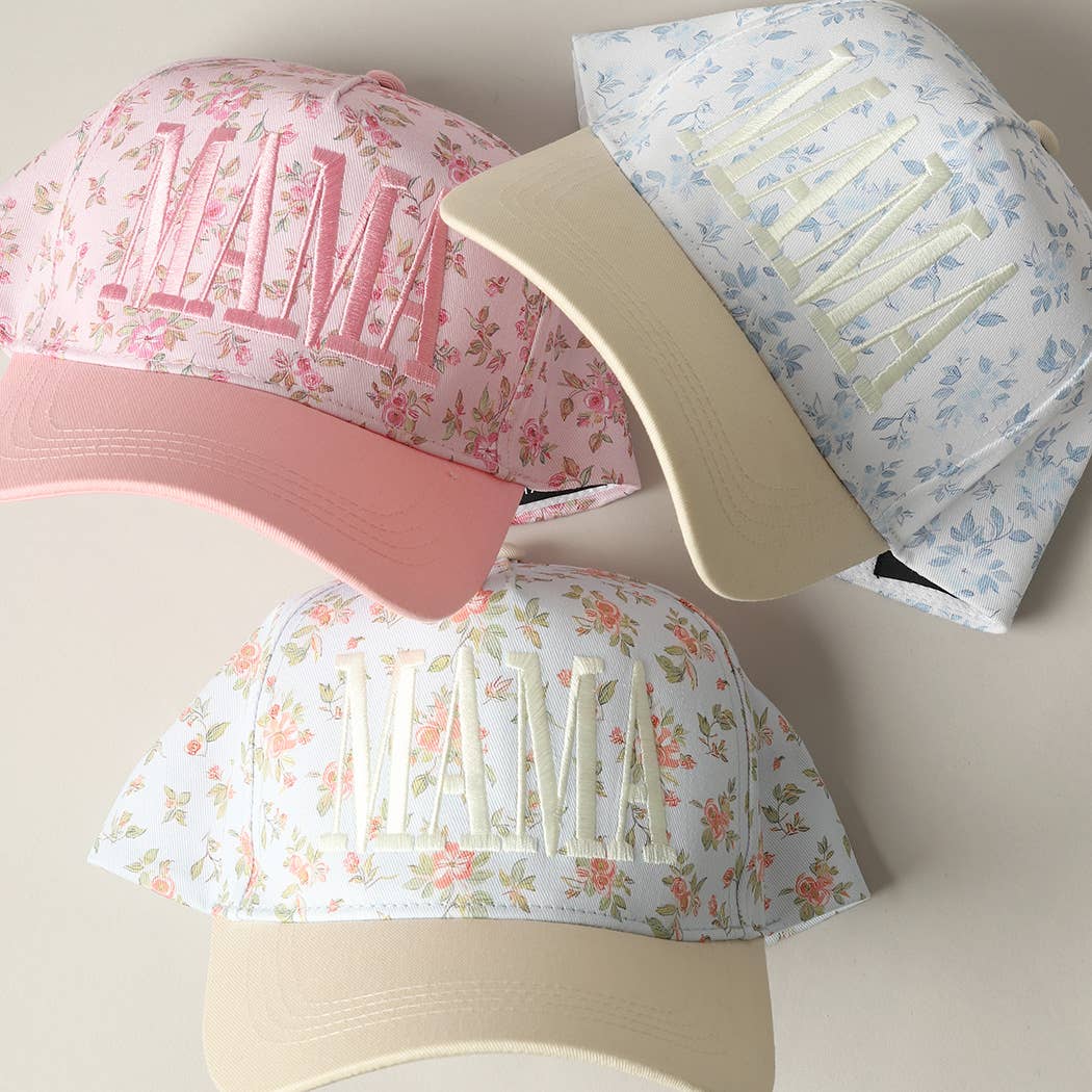 MAMA Embroidered Flower PatternTrucker Hat: BLUE/BEIGE / ONE SIZE