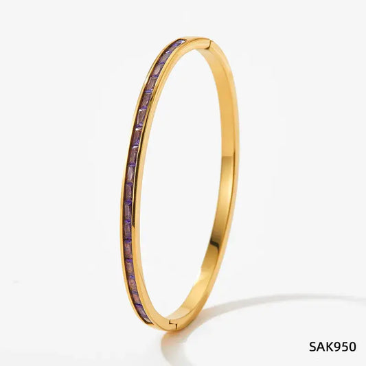 Gold Plated Stainless Steel Zircon Inlay Bracelet Bangle: Rose Purple