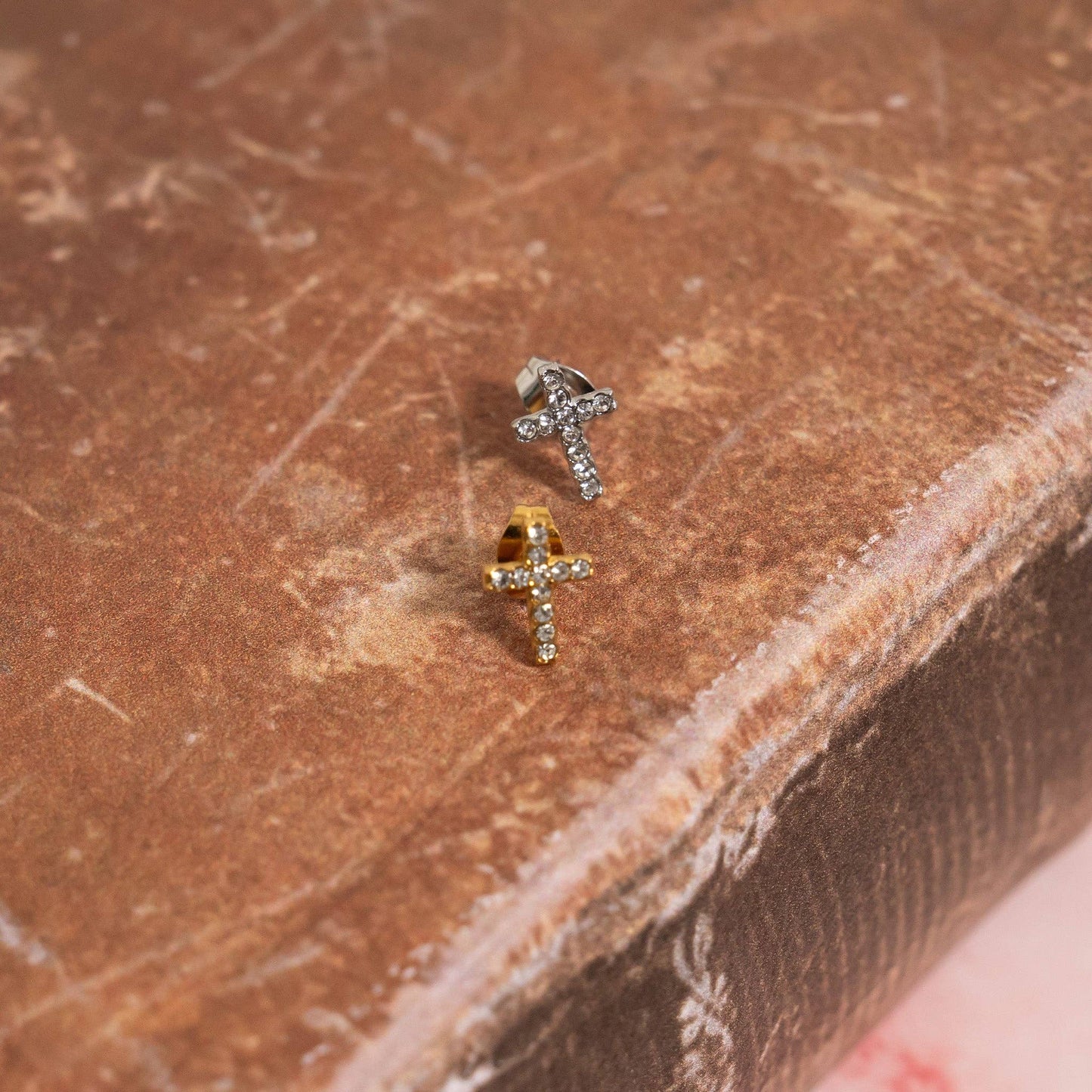 18K Gold PVD Stainless Steel Stone Cross Earrings: Gold
