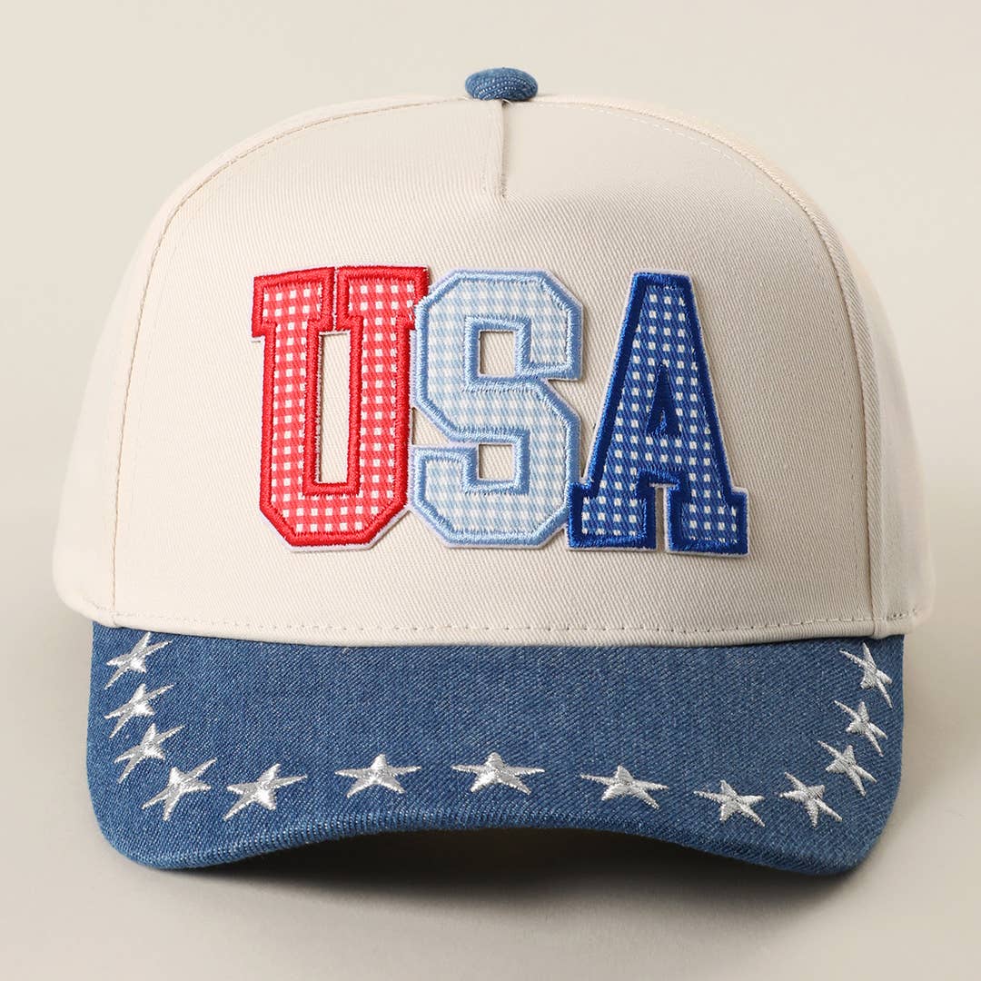 USA Letter Patch Star Brim Denim Baseball Cap: LT DENIM