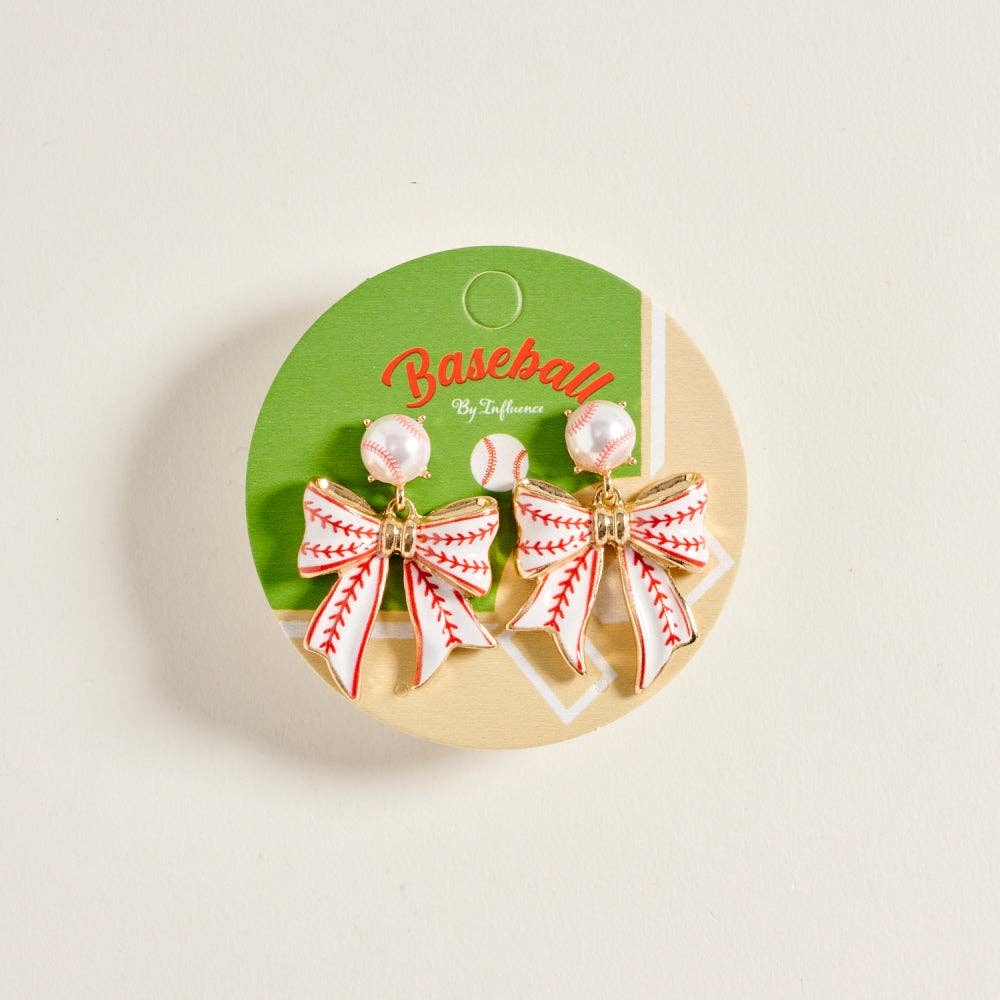 1.5 Inch Baseball Print Pattern Enamel Ribbon Post Earrings: White/Red / ONE