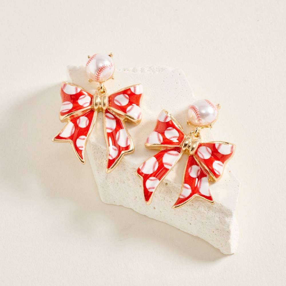 1.5 Inch Baseball Print Pattern Enamel Ribbon Post Earrings: White/Red / ONE