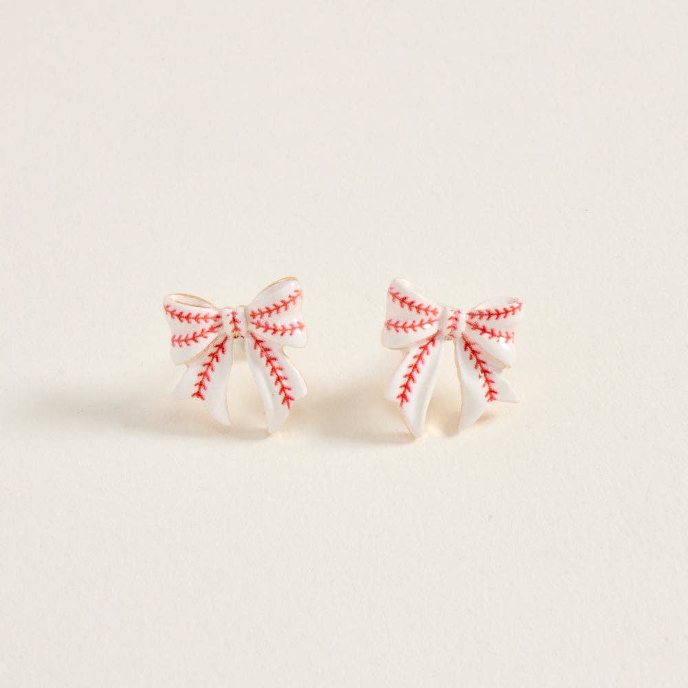 0.75 Inch Ribbon Bow Baseball Ball Print Post Earrings: Gold / ONE