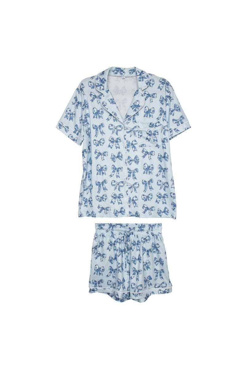 Toile Print Coquette Bows Cute Pajamas: Light Blue / XL