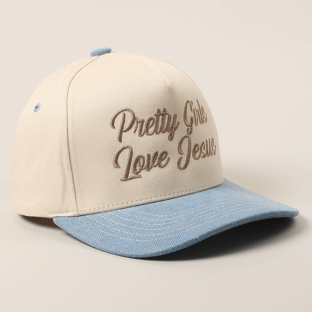 Pretty Girls Love Jesus Embroidery Trucker Hat: LT PINK / ONE SIZE