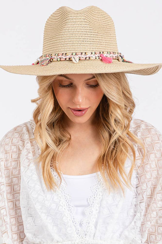 Boho Tassel Multi Color Band Summer Straw Sun Hat: Beige