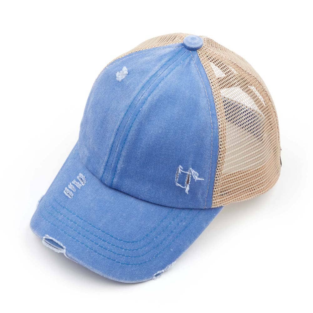 C.C Washed Denim with Crossed Elastic Band Mesh Pony Cap: Blue Moon