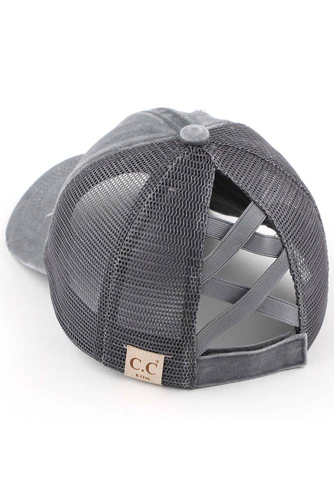 C.C Kids Washed Denim Elastic Band Crossed Pony Cap: Pink
