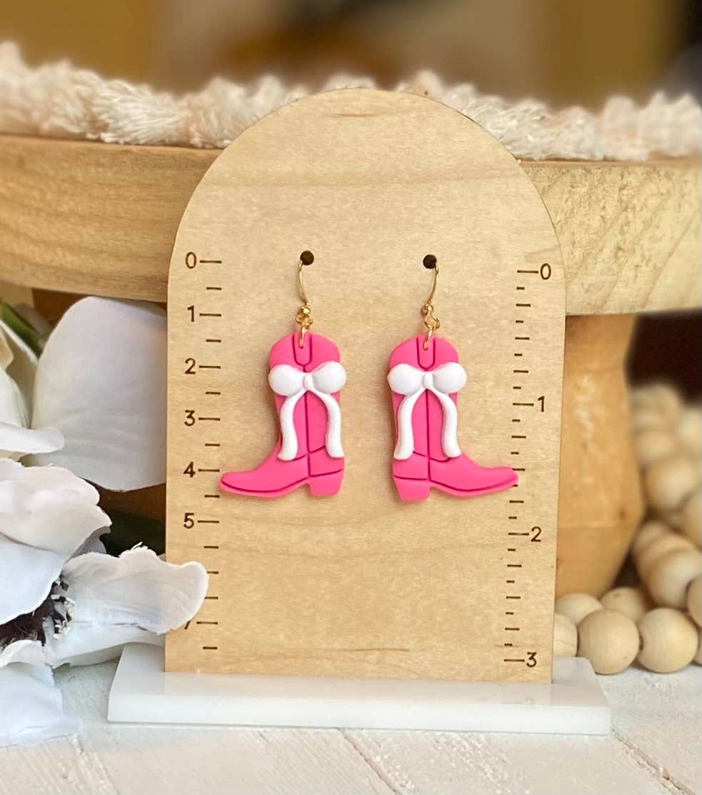 Disco Mirrorball Cowgirl Earrings  : Gold Plated / Light Pink Boots