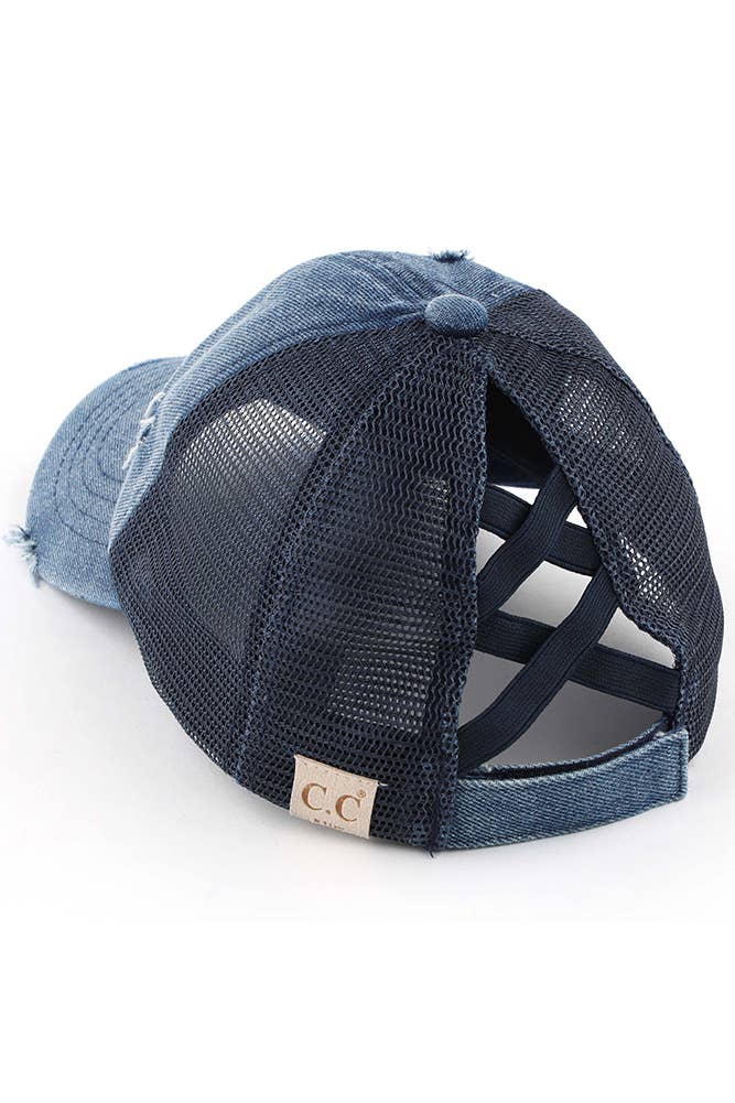 C.C Kids Washed Denim Elastic Band Crossed Pony Cap: Pink