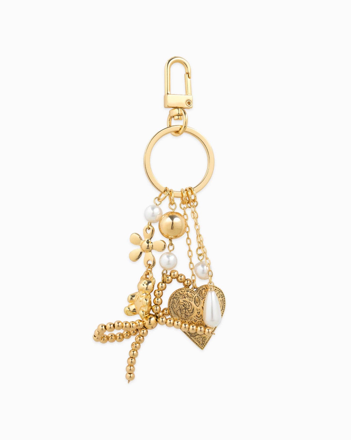 Romantic Whimsy Vintage Heart & Pearl Bag Charm: Gold