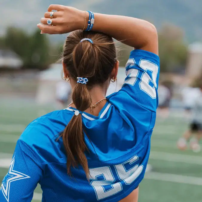 "Game Day" Blue/White Hair Tie Bracelet: Medium