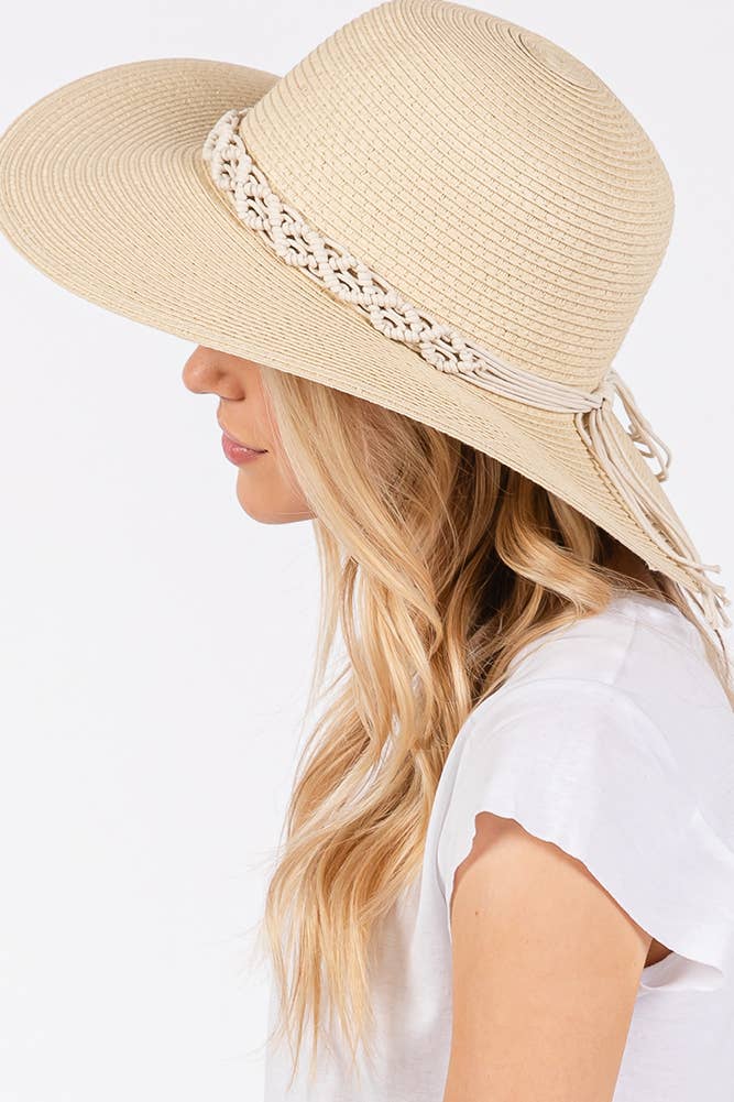 Braided Strap Trim Summer Straw Sun Hat: Beige
