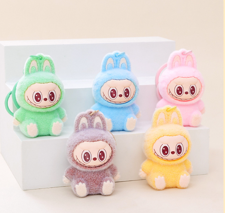 Labubu flocking keychain labubu pendant school gift: Pink