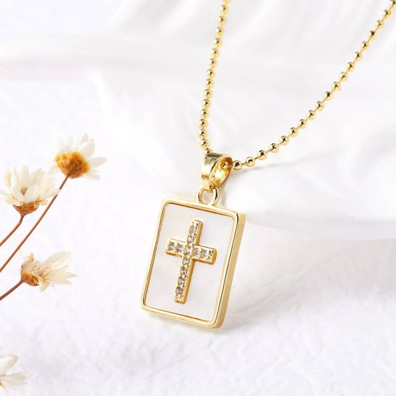 EPOXY RHINESTONE PENDANT NECKLACE | 40NK9607: RECTANGLE CROSS