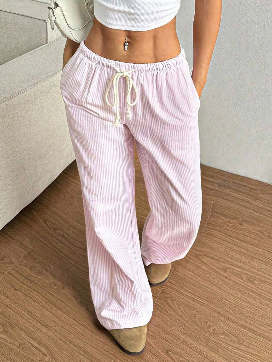 Summer Striped Wide Leg Drawstring Pants_CWBLP01181: GREY / (L) 1
