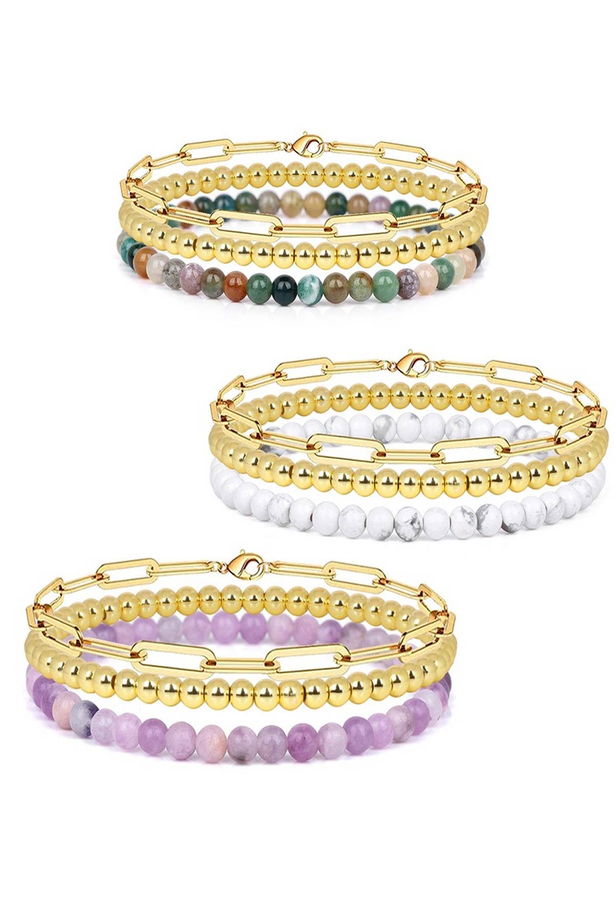 MULTI LAYER NATURAL STONE BALL CHAIN LINK BRACELET | 40B5134: HOWLITE WHITE
