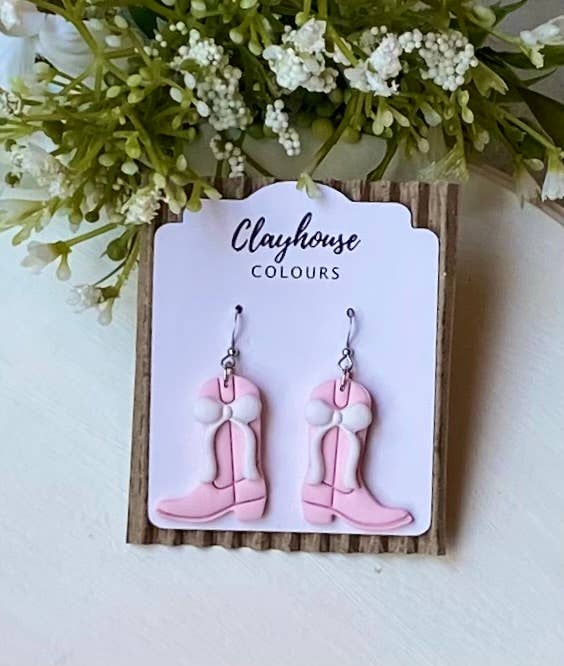 Disco Mirrorball Cowgirl Earrings  : Gold Plated / Light Pink Boots