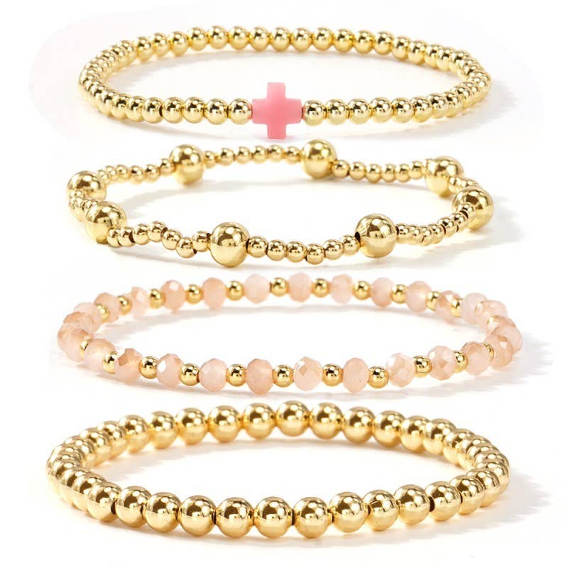 BOHO CROSS MULTI  COLORFUL BEADED STRETCH BRACELET | 40B5180: Pink