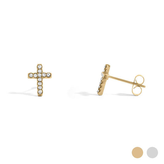 18K Gold PVD Stainless Steel Stone Cross Earrings: Gold
