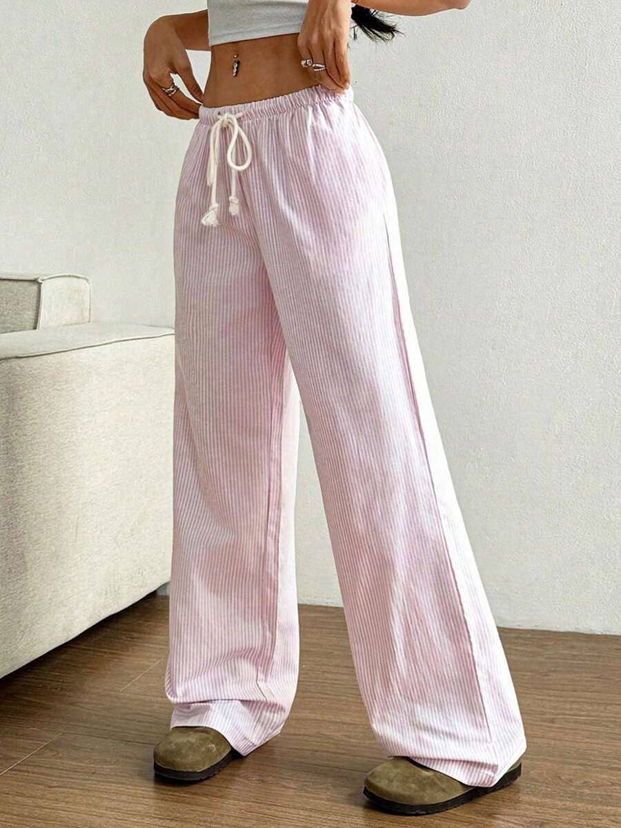 Summer Striped Wide Leg Drawstring Pants_CWBLP01181: GREY / (L) 1
