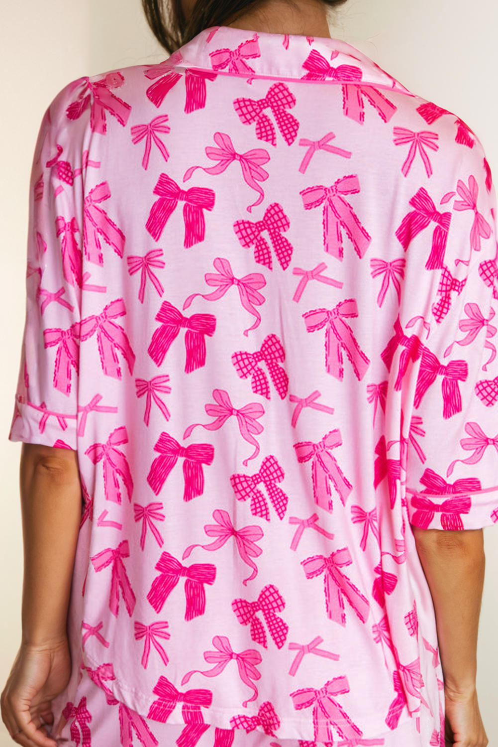 Bow Print Half Sleeve Shirt and Shorts Pajamas Set: Pink / Missy / XL