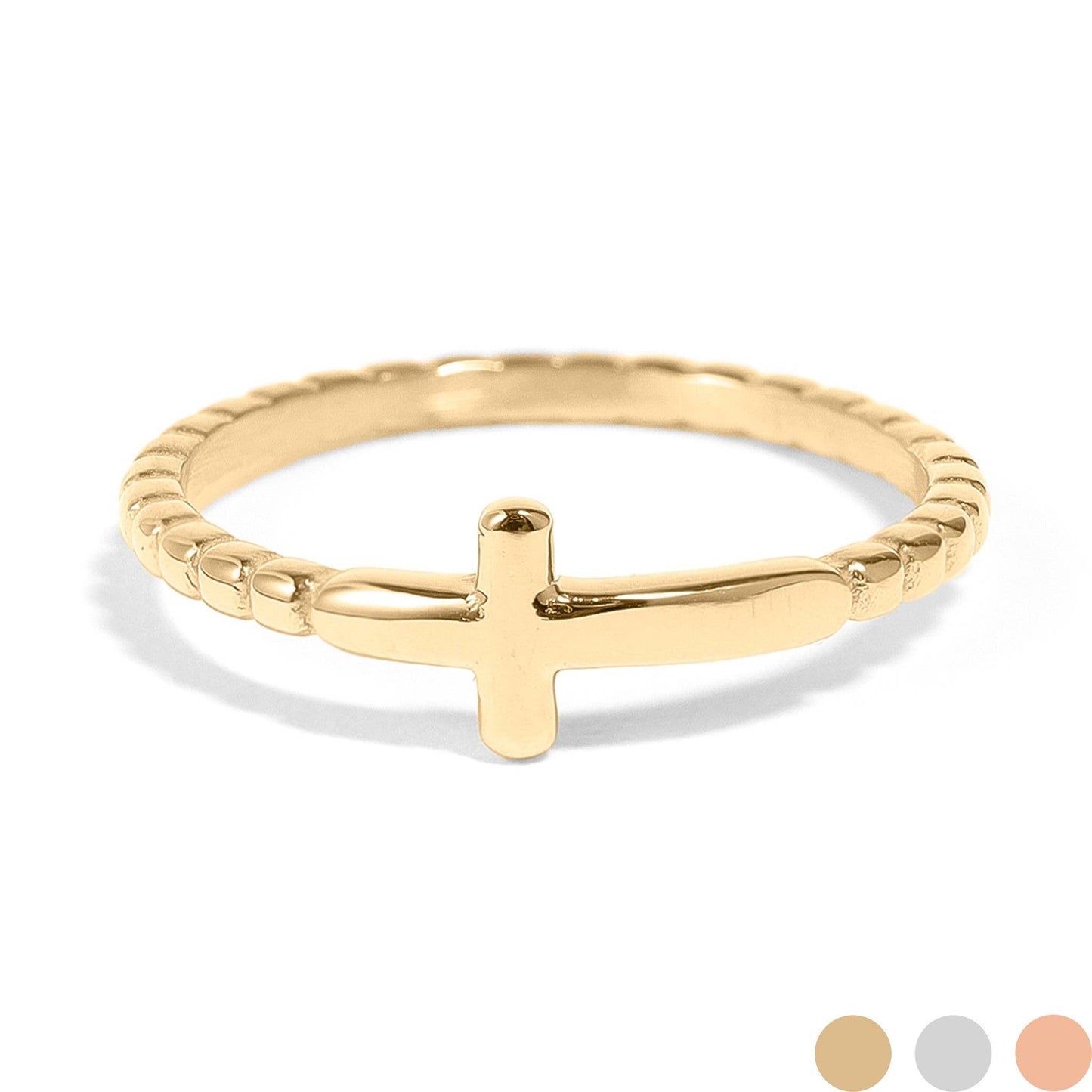 Stainless Steel Beaded Stackable Cross Ring: Gold / 7