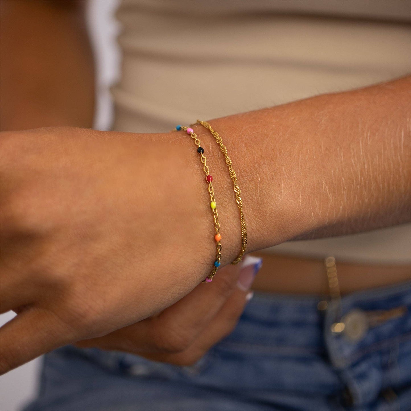 18K Gold PVD Stainless Steel Muti Color Confetti Bracelet: Gold