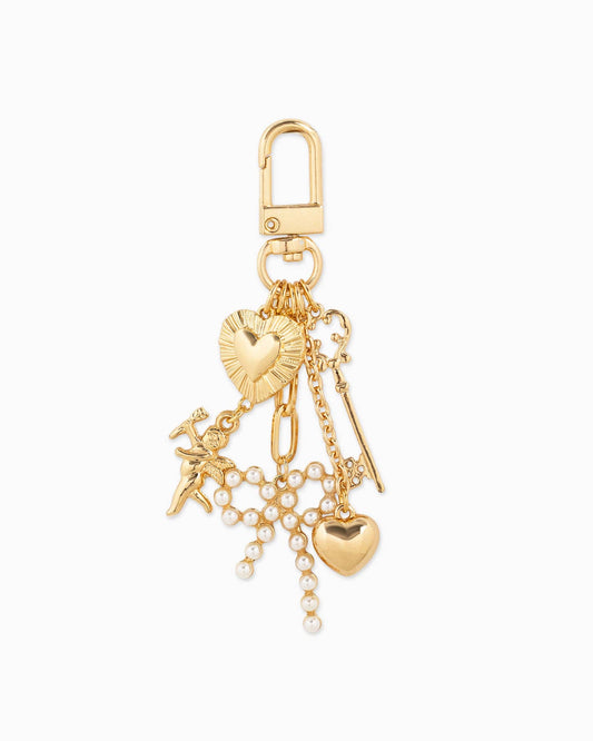 Multi Line Pearl Bow Baroque Bag Charm: Gold