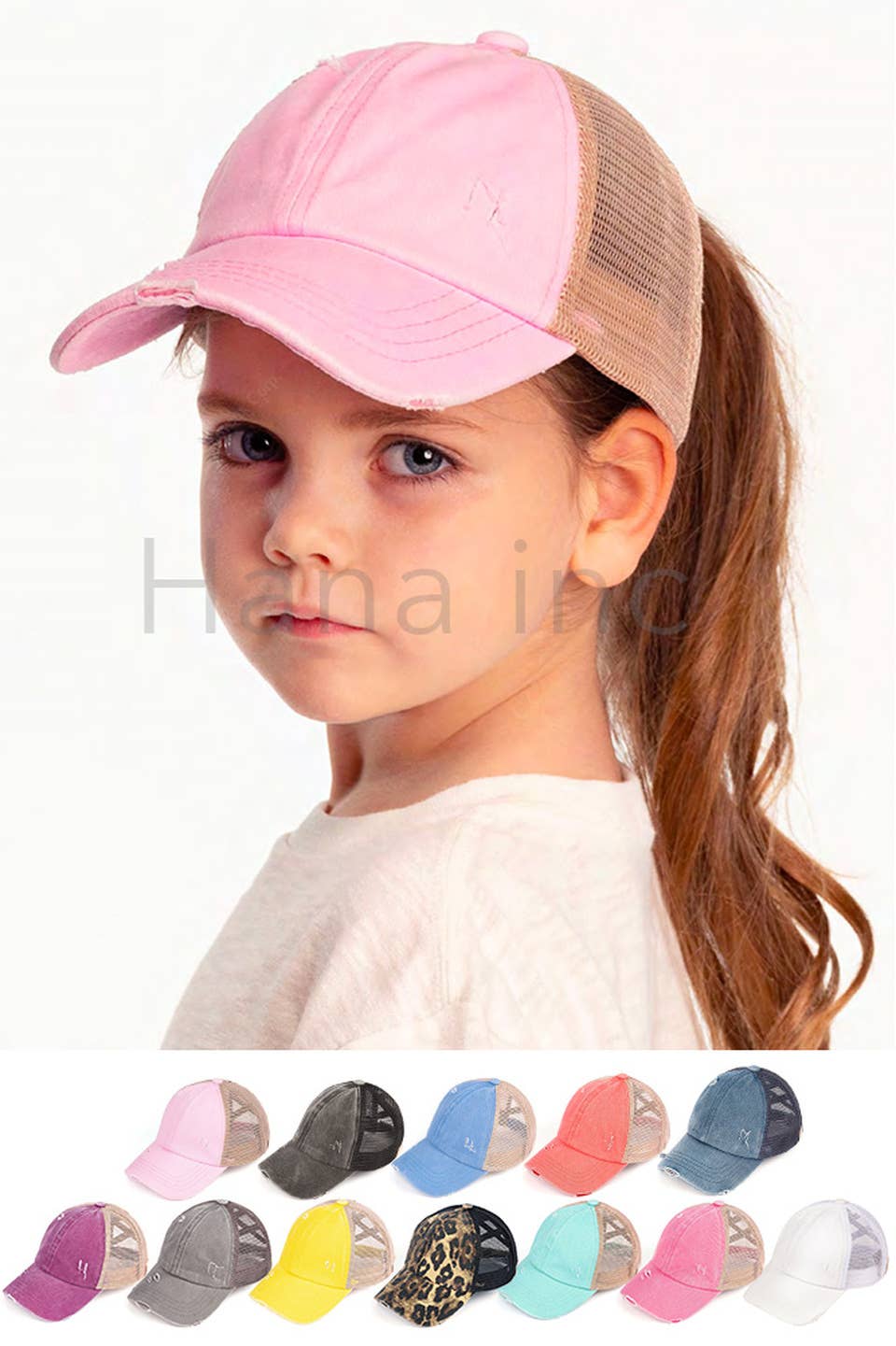 C.C Kids Washed Denim Elastic Band Crossed Pony Cap: Baby Pink
