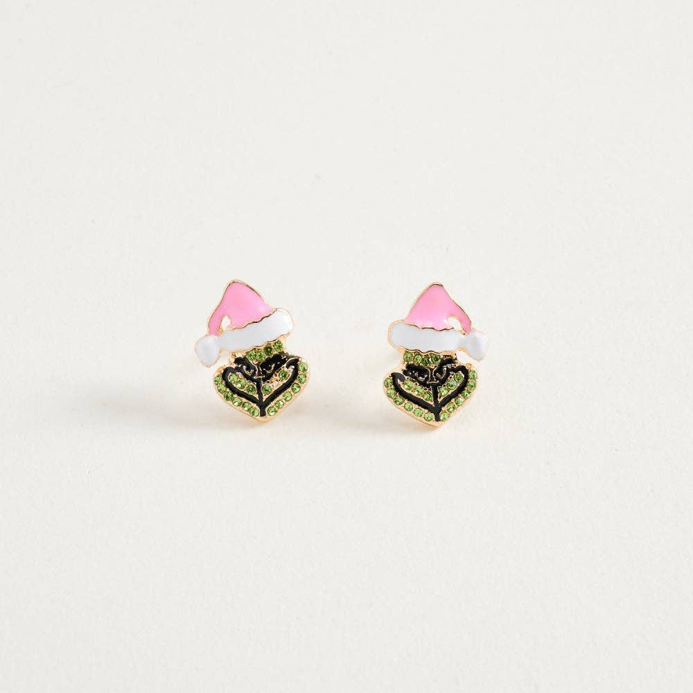 0.75 In Enamel Rhinestone Santa Green Monster Face Earrings: Pink / ONE