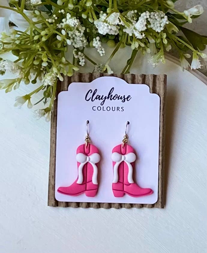 Disco Mirrorball Cowgirl Earrings  : Gold Plated / Light Pink Boots