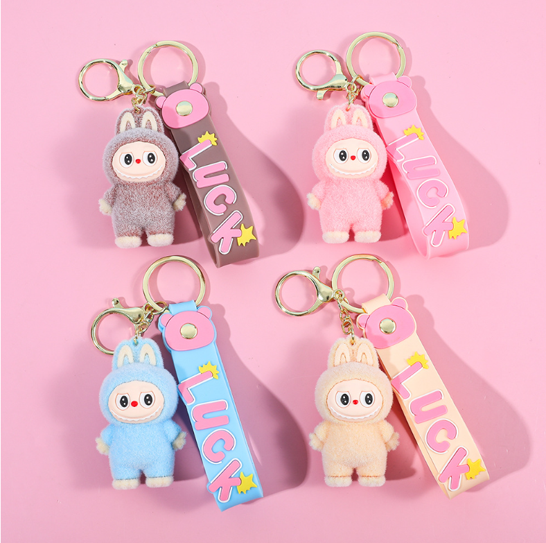 Labubu flocking keychain labubu pendant school gift: Sitting posture-4