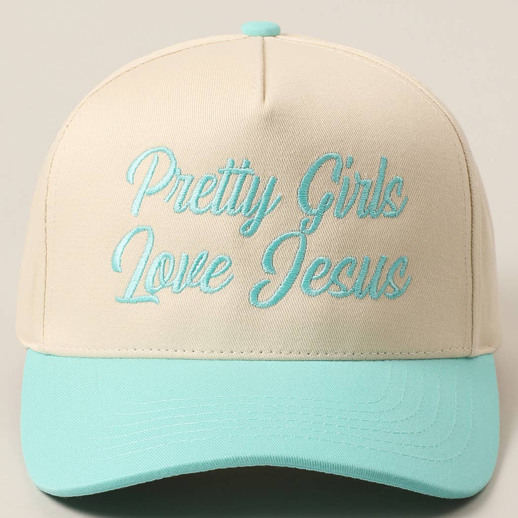 Pretty Girls Love Jesus Embroidery Trucker Hat: LT PINK / ONE SIZE