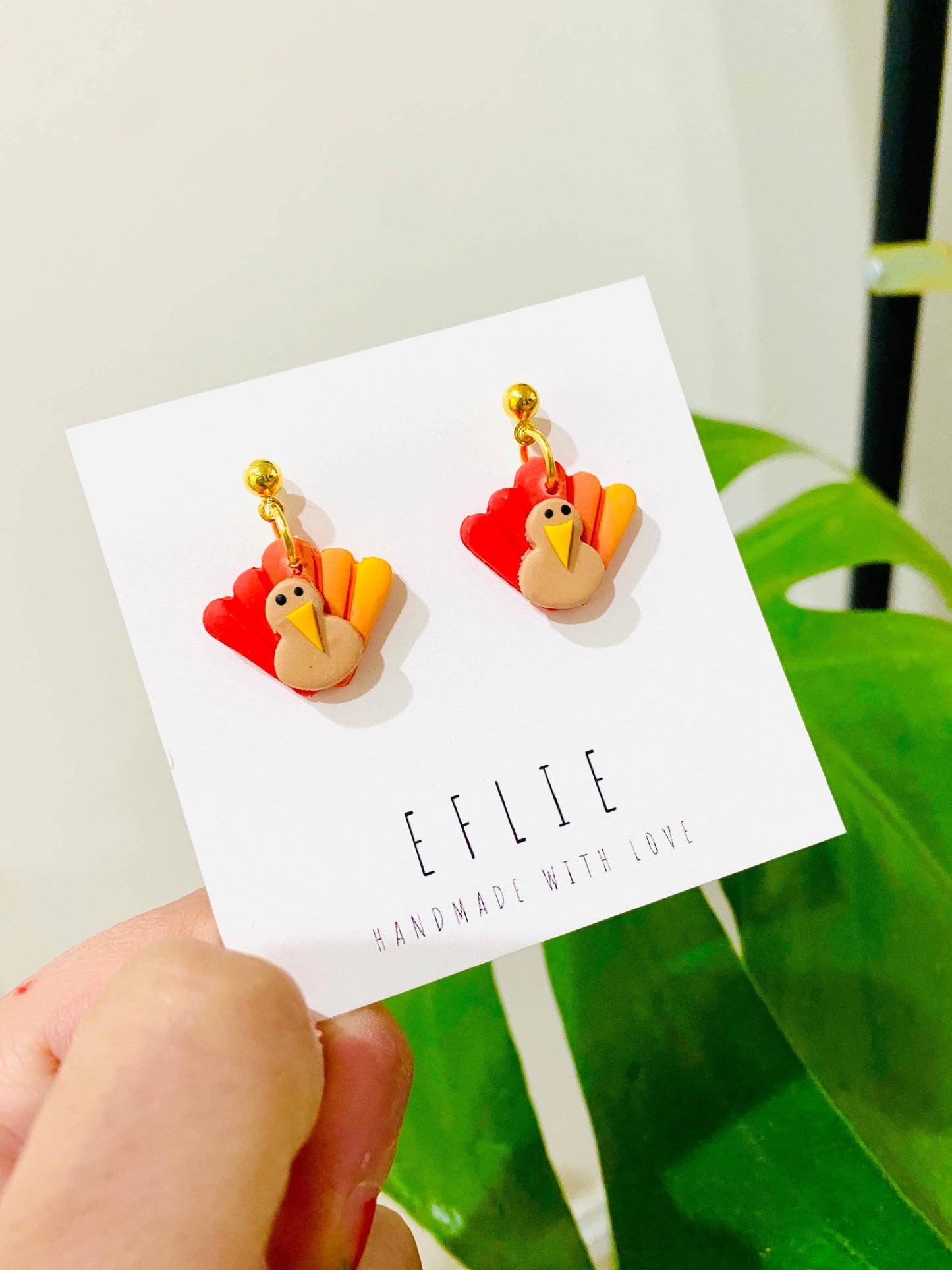 Thanksgiving Turkey Dangle Clay Earrings Holiday Gift: Gold
