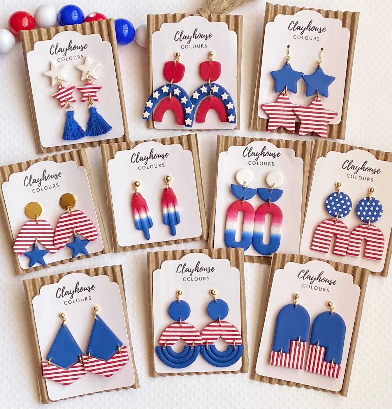 Red, White & Blue Clay Earrings : 2 Star Dangles