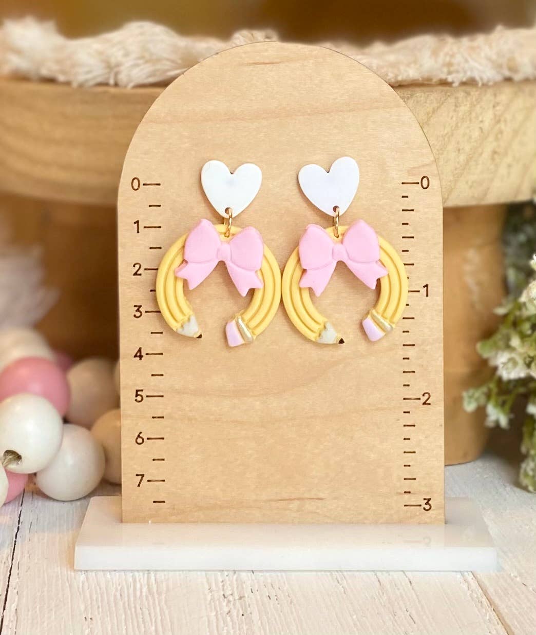 School Bow Earrings | Teacher Earrings : Pencil Bow with Heart Top