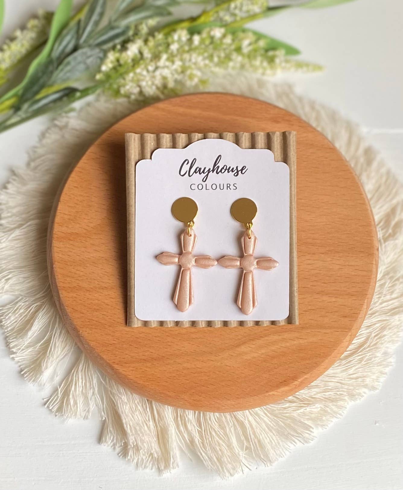 Cross Clay Earrings: Pearl