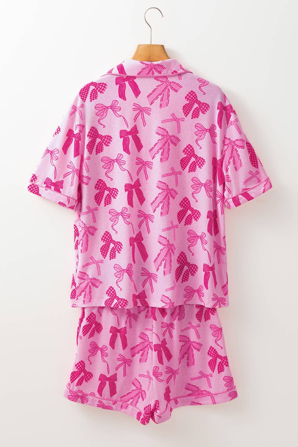 Bow Print Half Sleeve Shirt and Shorts Pajamas Set: Pink / Missy / XL