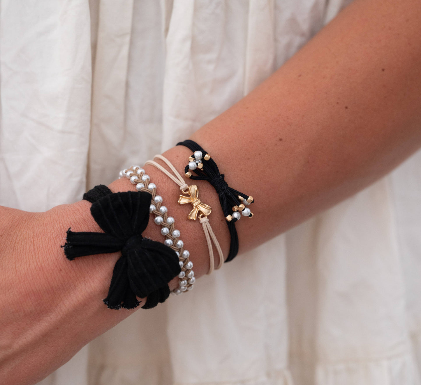 "Harmony" Bows, Pearls, Black & Gold Hair Tie Bracelets: Medium