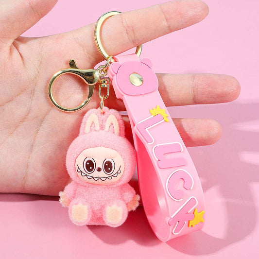 Labubu flocking keychain labubu pendant school gift: Sitting posture-2