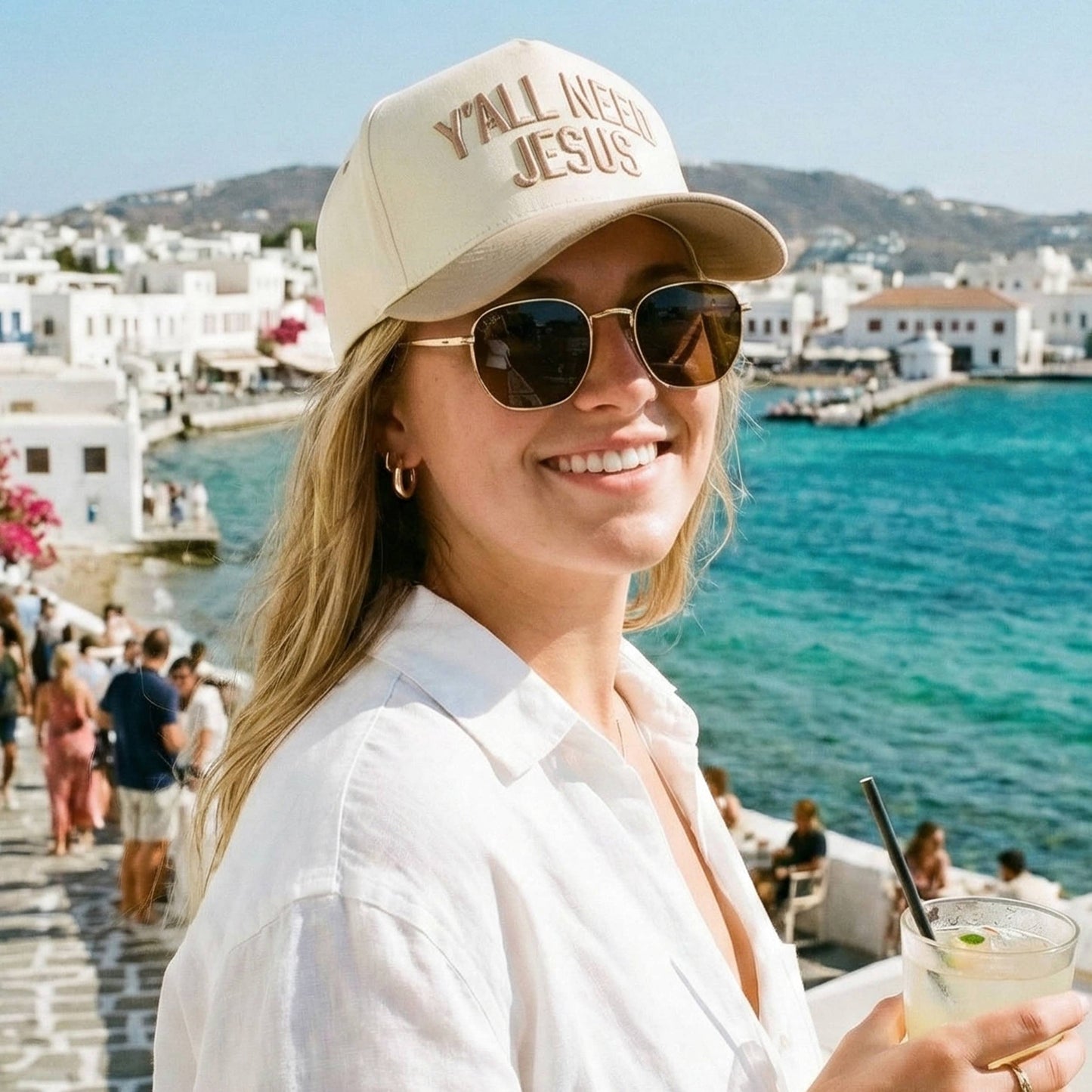 C.C Y'ALL NEED JESUS Embroidered Letter Two Tone Trucker Hat: Beige