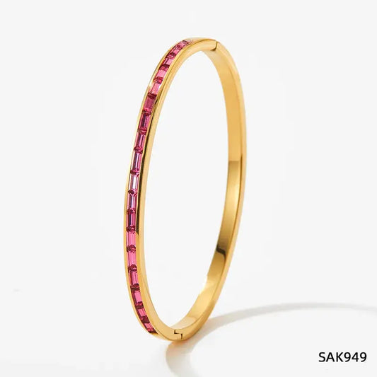 Gold Plated Stainless Steel Zircon Inlay Bracelet Bangle: Pink