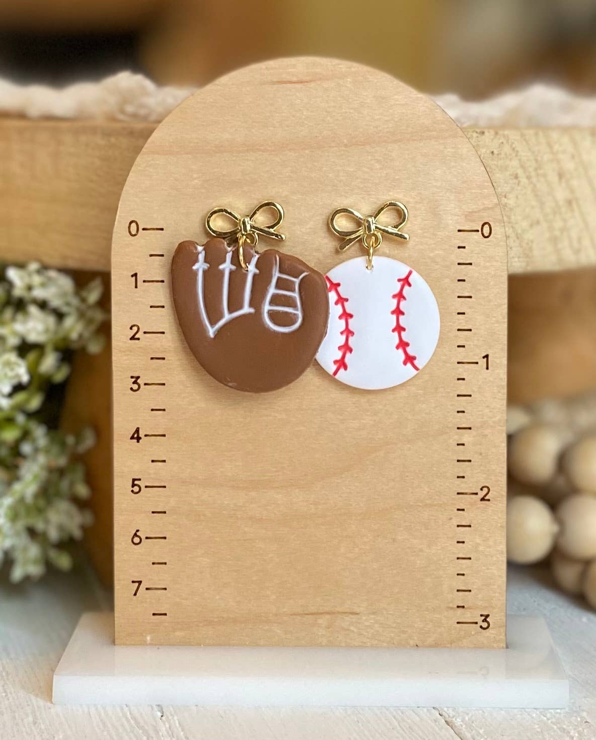Baseball Earrings : Red Bow Baseball Dangles